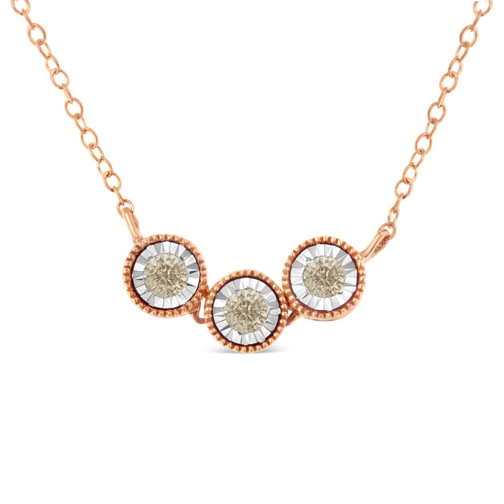 10K Rose and White Gold Plated .925 Sterling Silver 1/4 Cttw Miracle-Set Champagne Diamond Triple Circle 18" Necklace (I2-I3 Clarity)-0