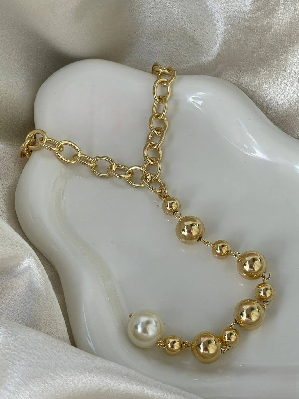Oval Cable Link Bead and Pearl Lariat Necklace (H231A)-3