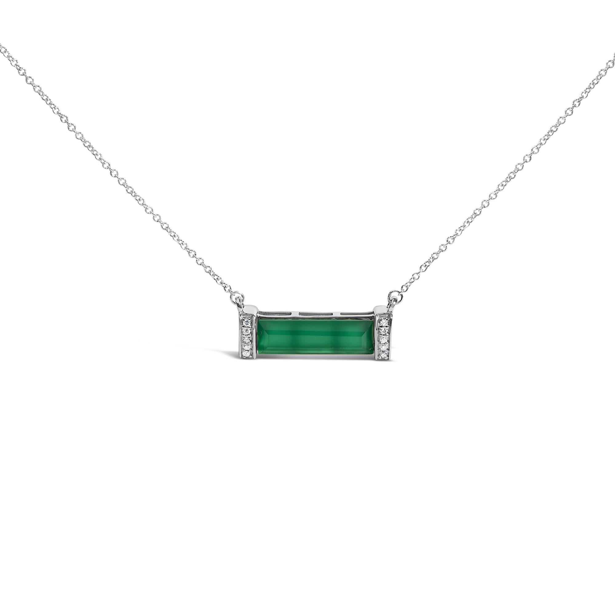 Sterling Silver Diamond Accent and Green Agate Bar Pendant Necklace-0