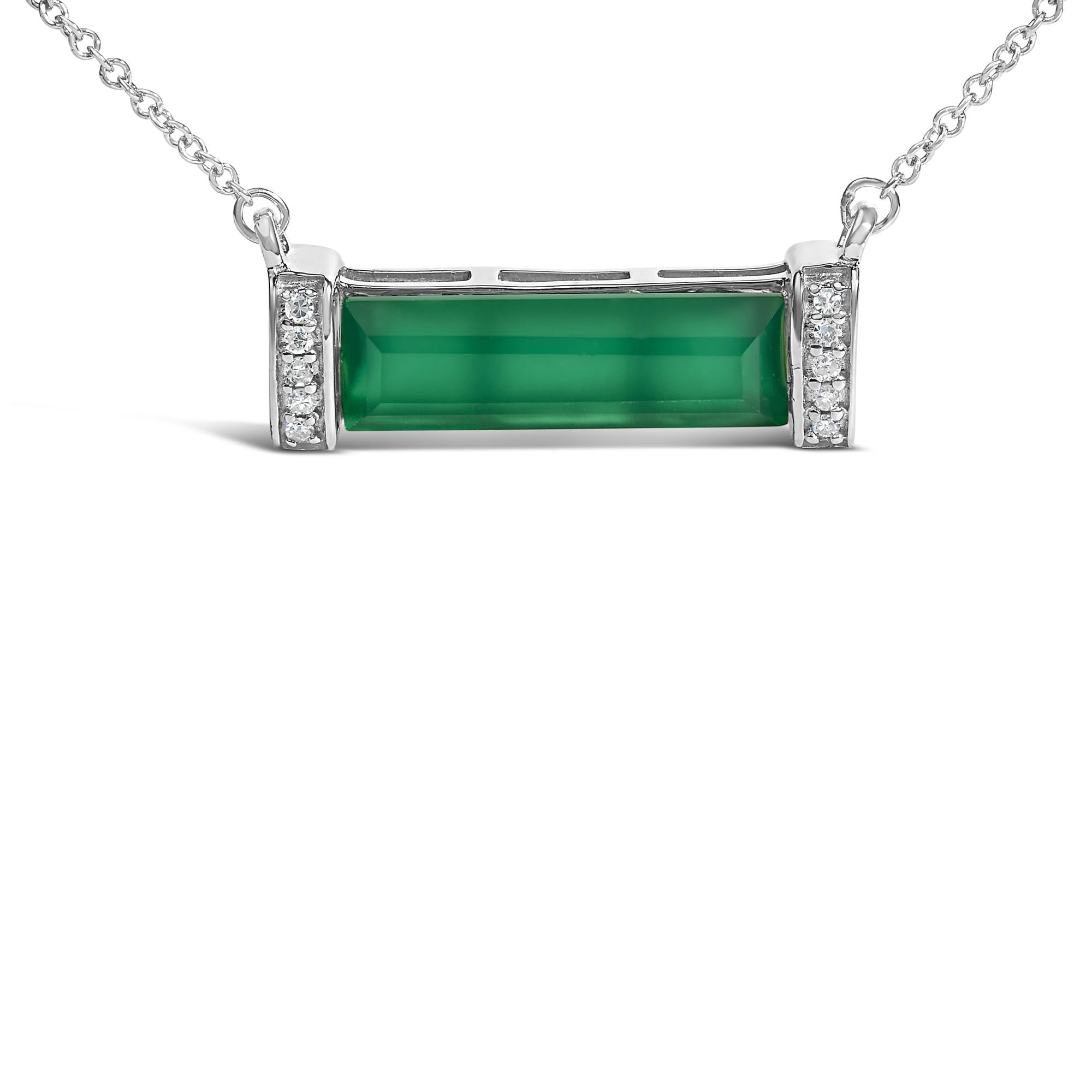 Sterling Silver Diamond Accent and Green Agate Bar Pendant Necklace-1