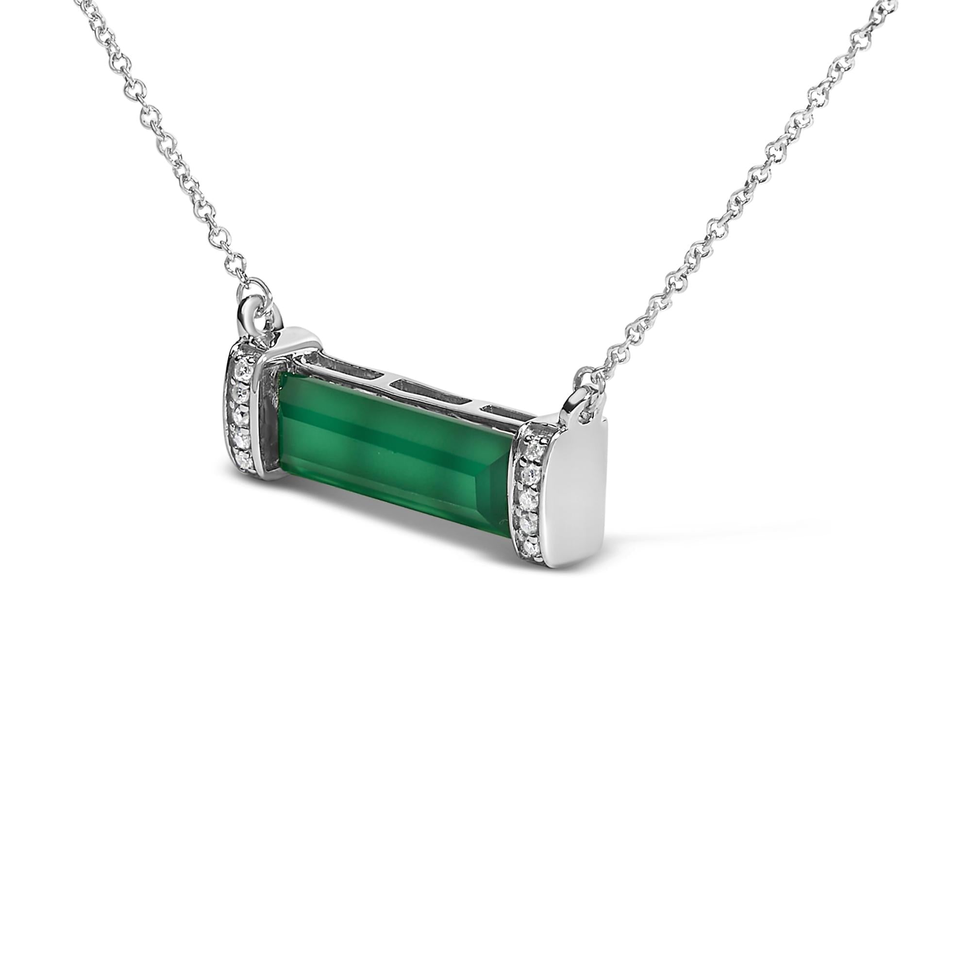 Sterling Silver Diamond Accent and Green Agate Bar Pendant Necklace-3