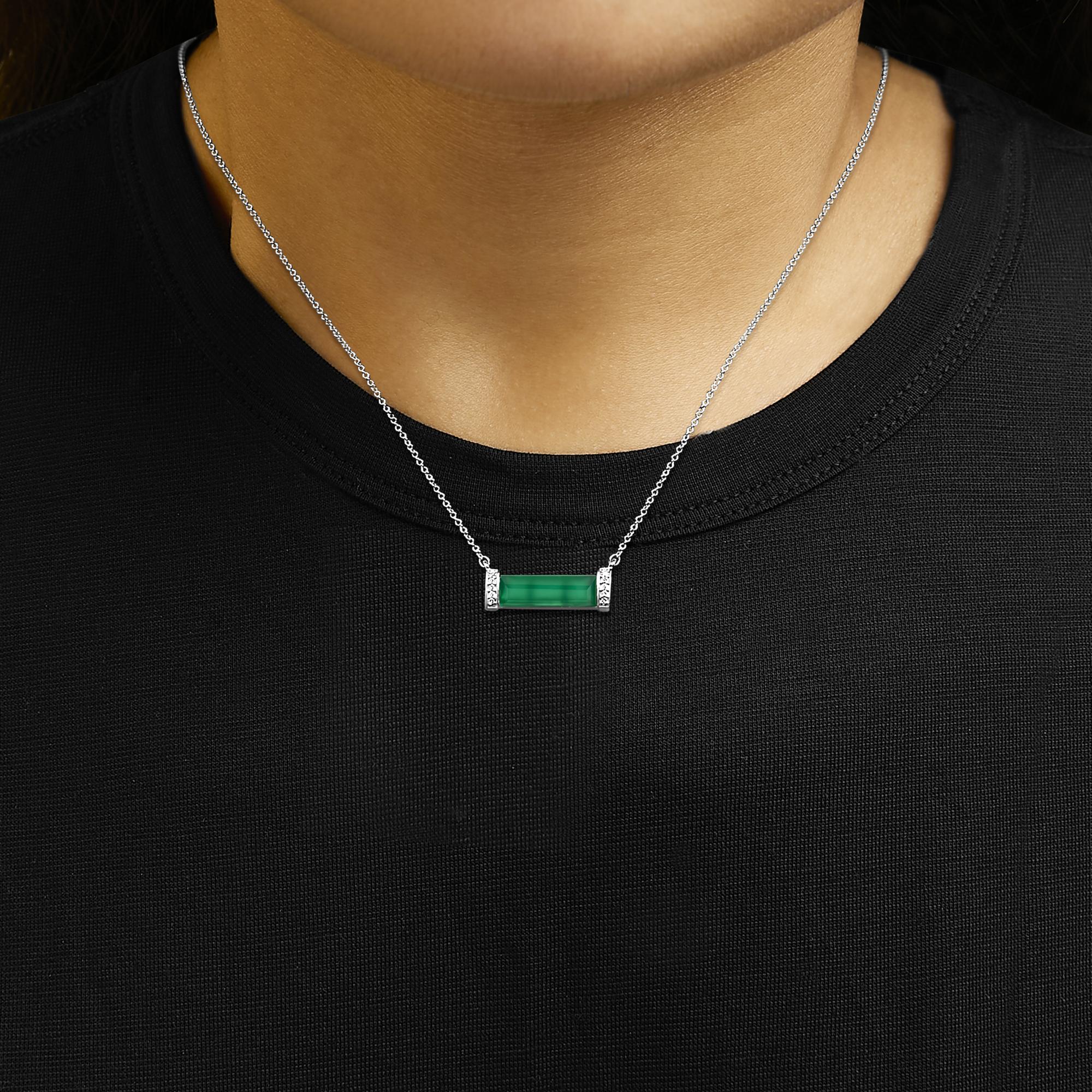Sterling Silver Diamond Accent and Green Agate Bar Pendant Necklace-2