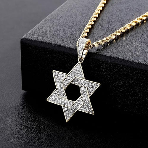 18K Gold Plated Star of David Pendant with Moissanite Stones-0